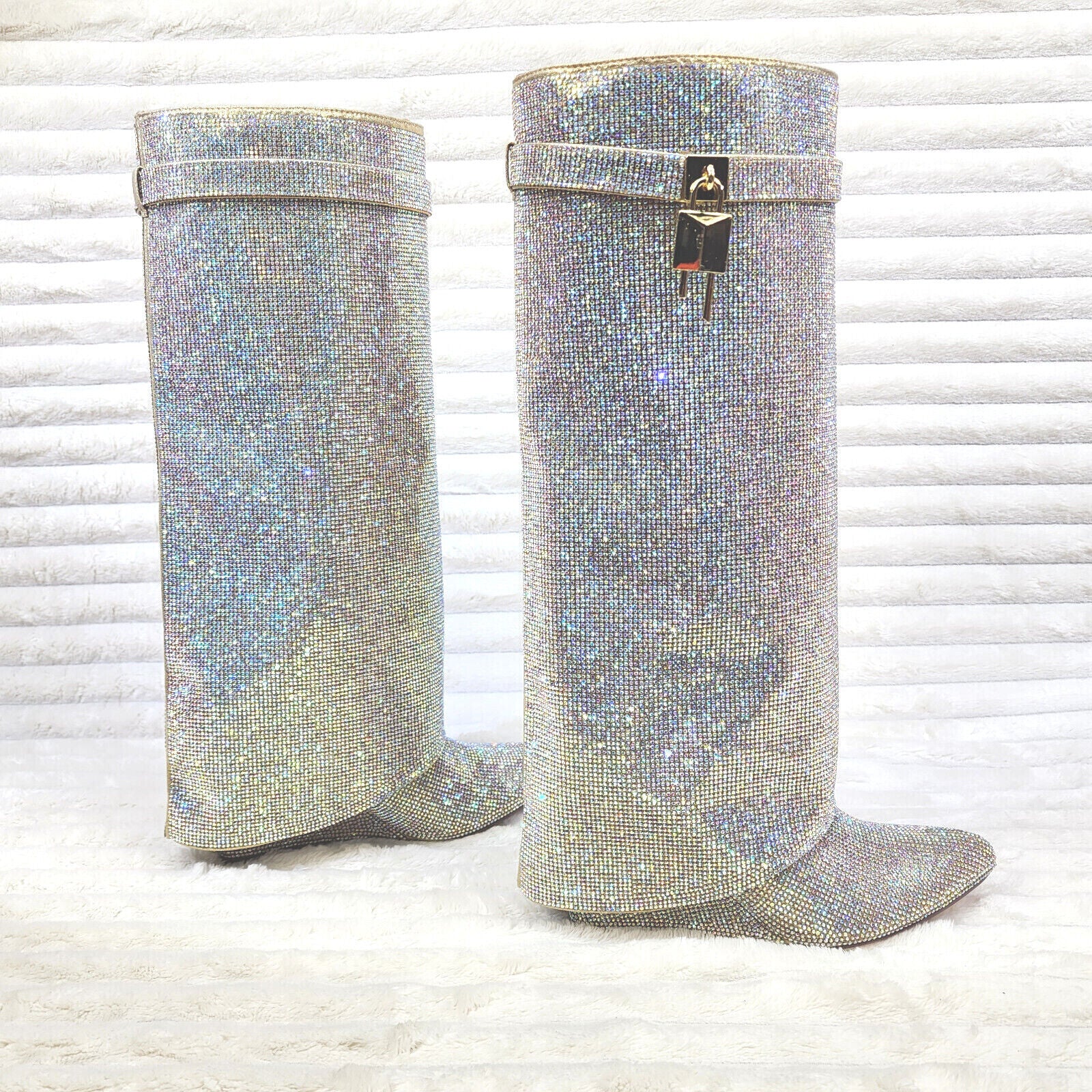 Super Sparkle Sharky Skirted Fold Over Wedge Heel Knee Boots - Totally Wicked Footwear