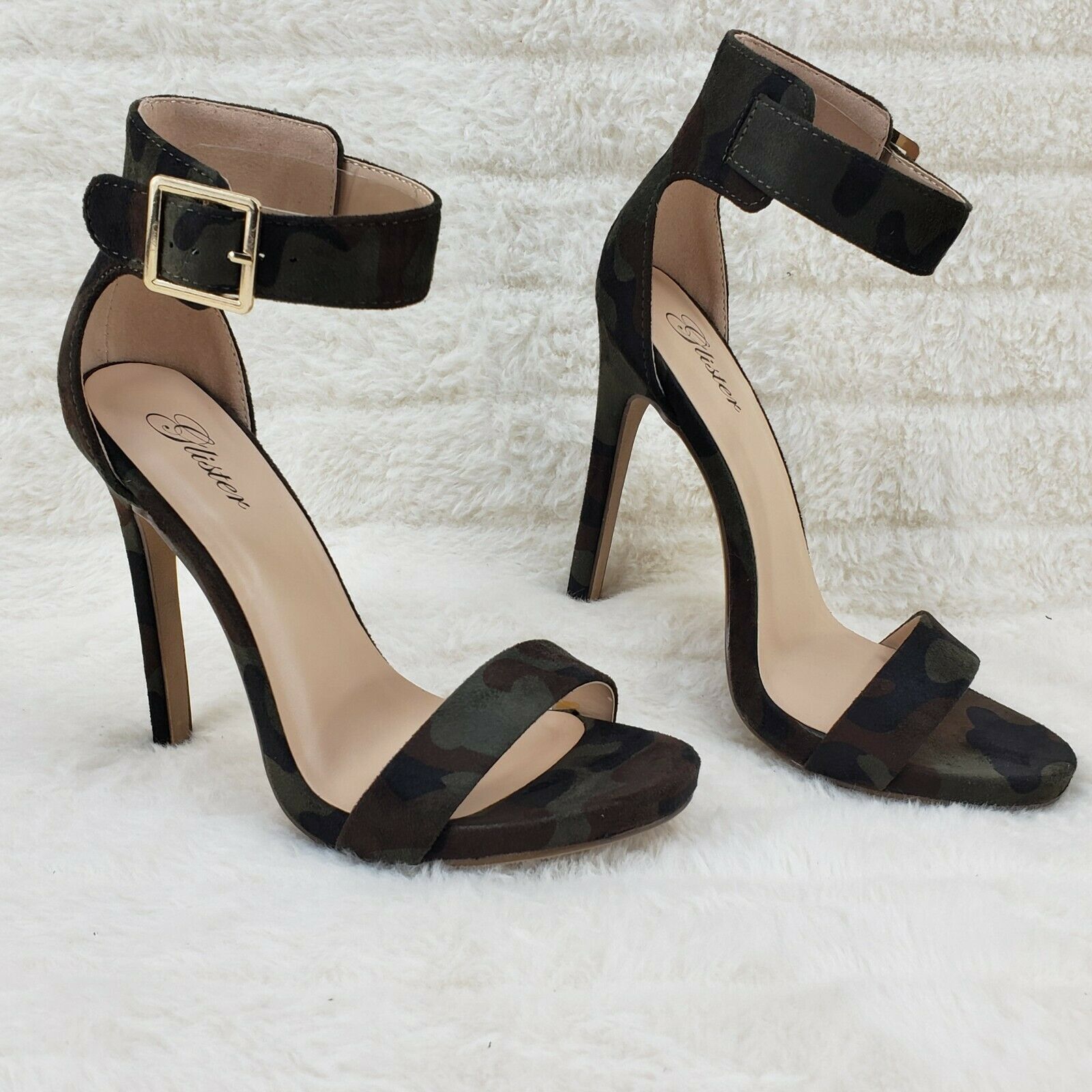 Sexy Faux Suede Camo Ankle Strap 4.5" High Heel Shoes Heels Glister - Totally Wicked Footwear