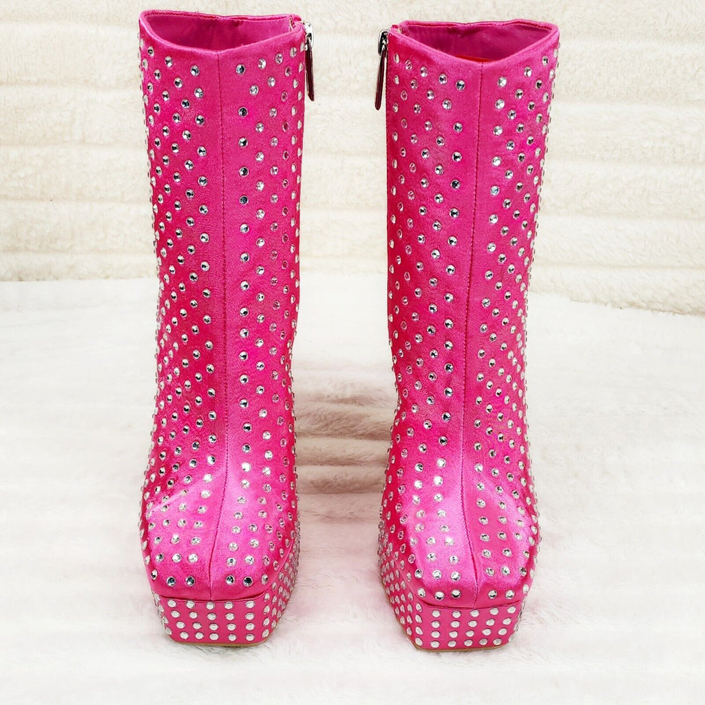 Fame Platform Chunky Block Heel Rhinestone Ankle Boots Hot Pink Satin Brand New - Totally Wicked Footwear