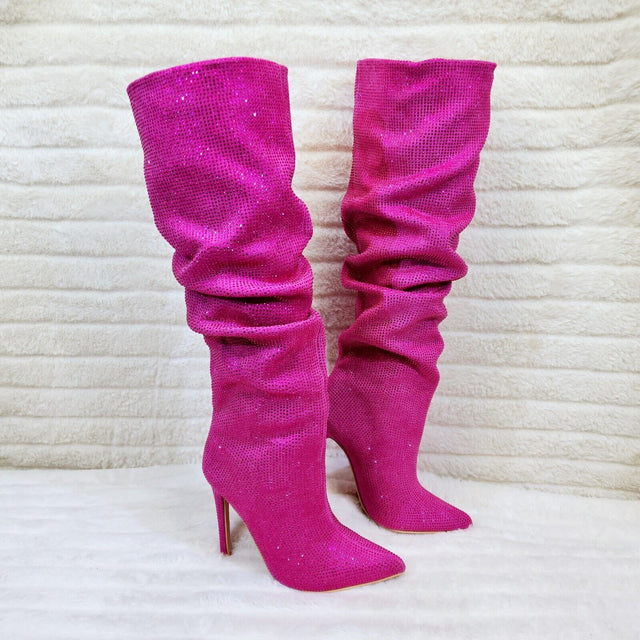 Radiant Fuchsia Pink Rhinestone High Heel Slouch Knee High Boots - Totally Wicked Footwear