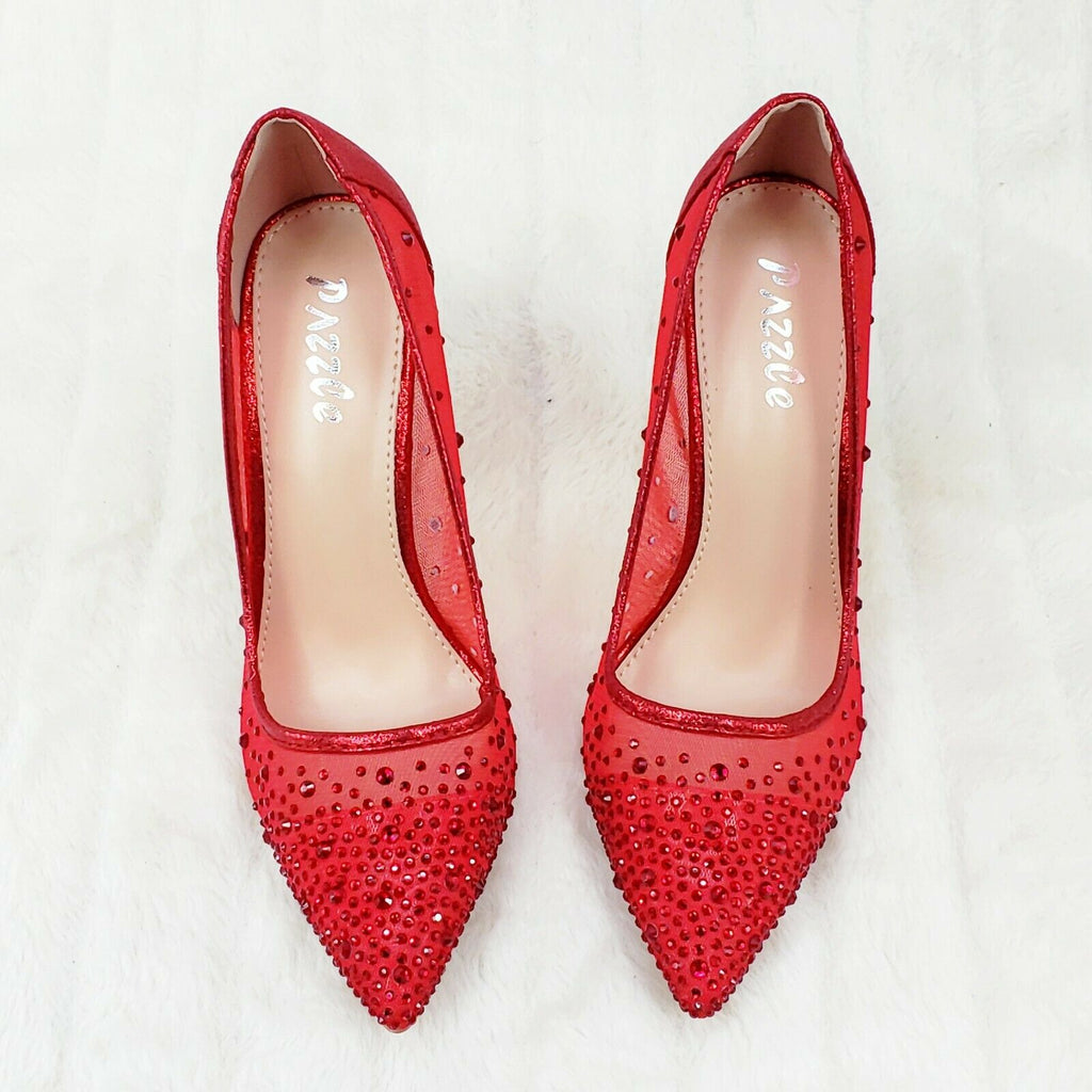 Krayzie Red Mesh Jeweled 4.5" High Heel Stiletto Shoes Pointy Toe Pumps 6-10 - Totally Wicked Footwear