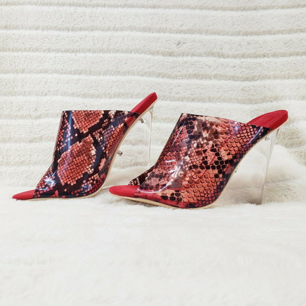 Mac J Red Transparent Snake Print Slip On Clog 5" Clear Acrylic Wedge Heels - Totally Wicked Footwear