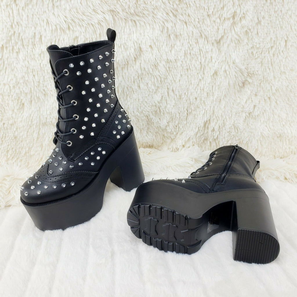 Ocho Black Punk Goth Rock Glam Block Heel Platform Spiked Ankle Boots - Totally Wicked Footwear