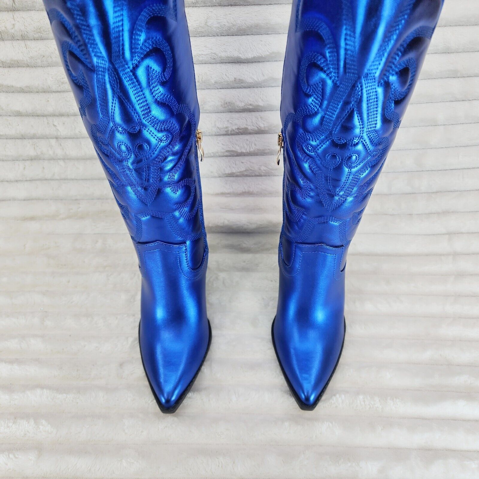 Electric Cowboy Brush Metallic Matte Western Knee High Cowgirl Boots Blue - Totally Wicked Footwear