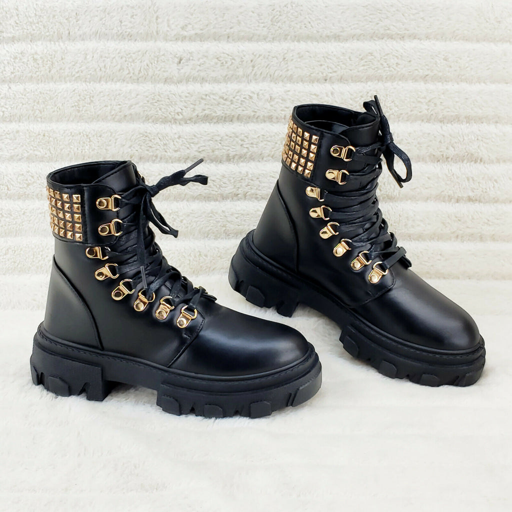 Nina Black Gold Tone Hardware Studded Combat Ankle Boots | Totally