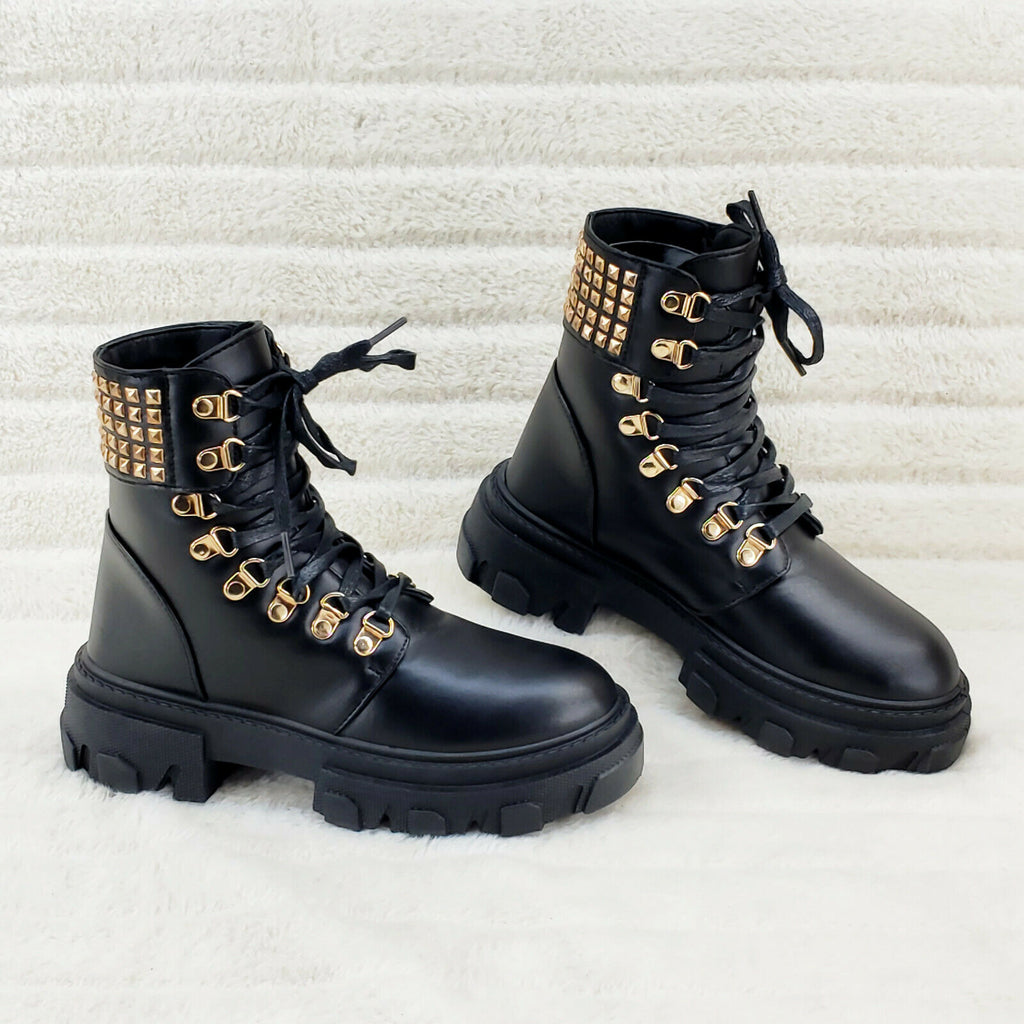 Nina Black Gold Tone Hardware Studded Combat Ankle Boots Totally Wicked Footwear