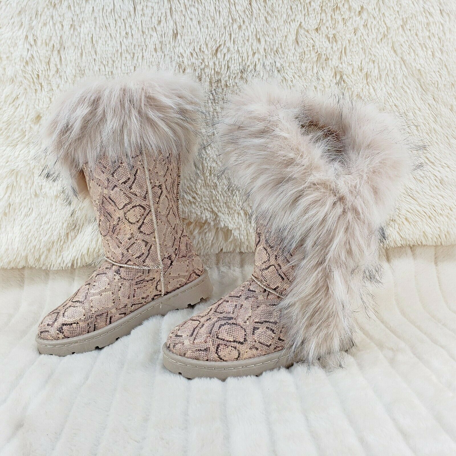 Chi Chi Tall Furry Snake Beige Faux Fur Lined Flat Winter Boots US Women's - Totally Wicked Footwear