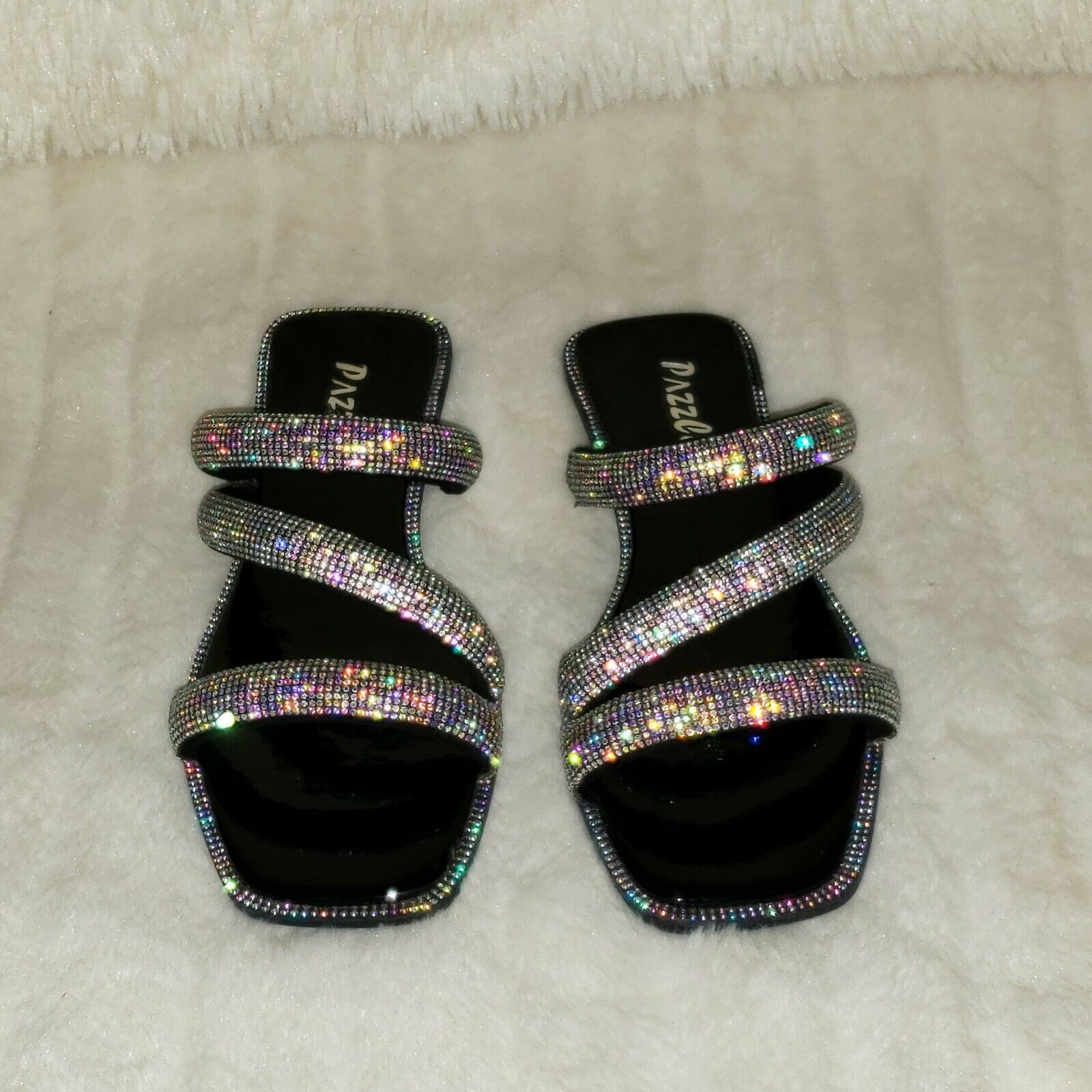 Sparkle Triple Padded Strap Slip On Iridescent Rhinestone Sandals Black - Totally Wicked Footwear