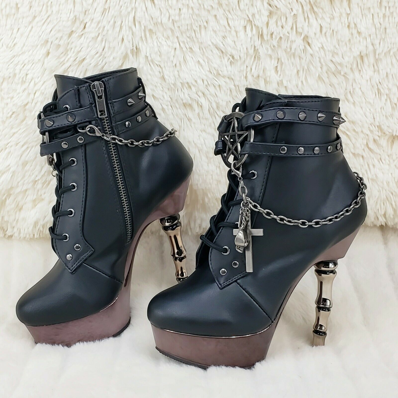 Muerto 1001 Finger Bone Heel Platform Biker Ankle Boots Charm Chain In House - Totally Wicked Footwear