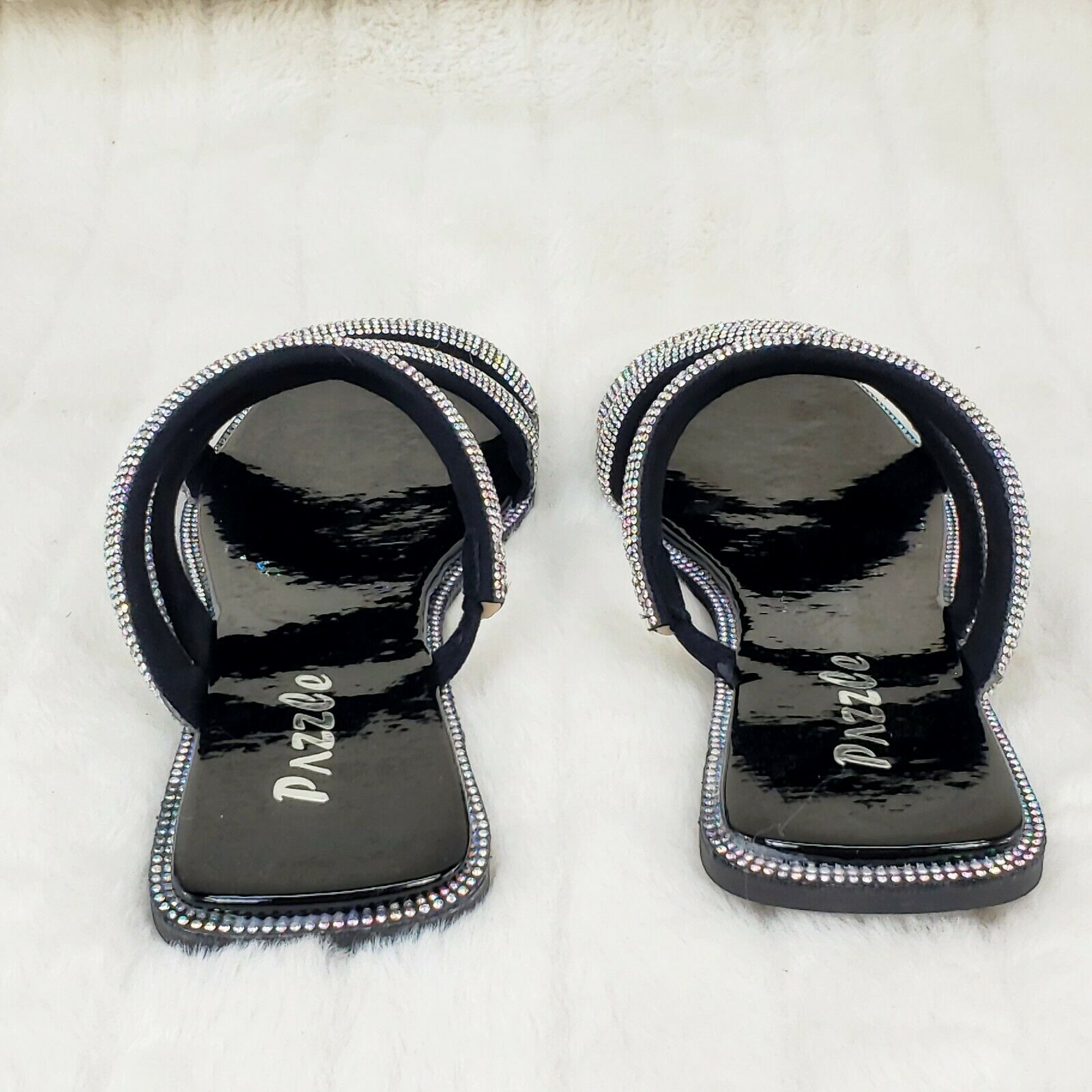Sparkle Triple Padded Strap Slip On Iridescent Rhinestone Sandals Black - Totally Wicked Footwear