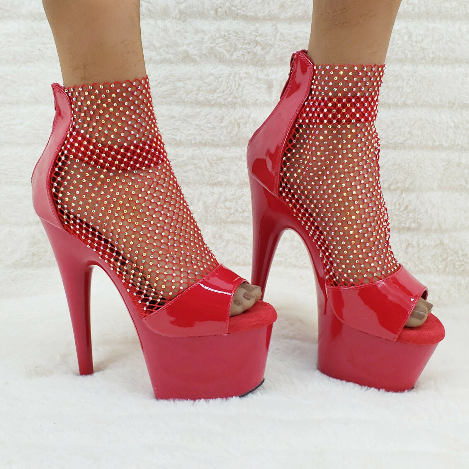Adore 765RM Red Rhinestone Mesh Platform Sandals 7" High Heel Shoes NY - Totally Wicked Footwear