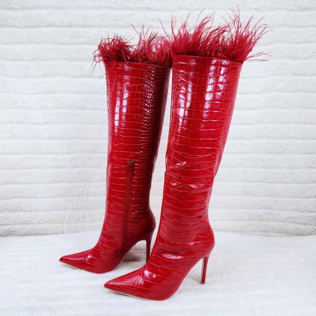 Flirty Red Snake Texture Knee High Heel Stiletto Boots Sexy Feather Top - Totally Wicked Footwear