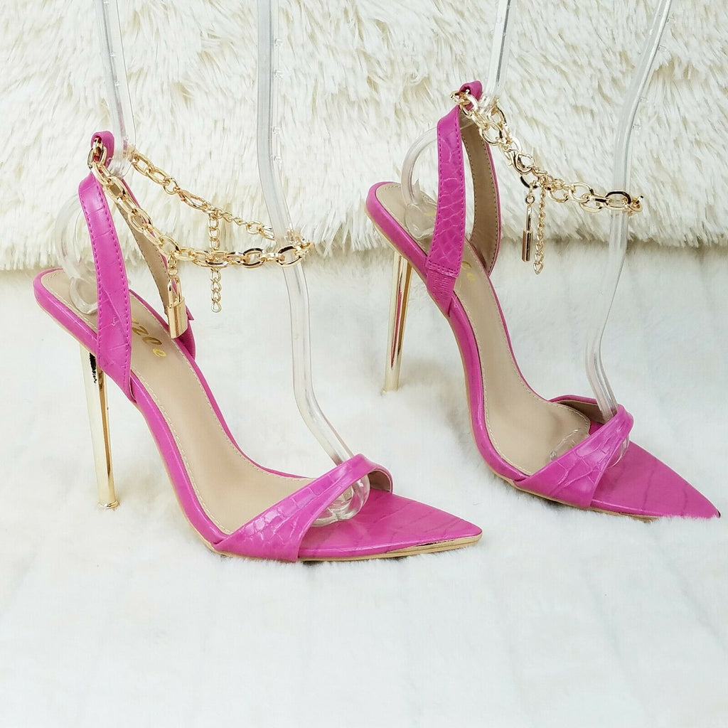 Nicely Pad Lock Chain Strap High Heels Metal Toe Tip Shoes Fuchsia Pink - Totally Wicked Footwear