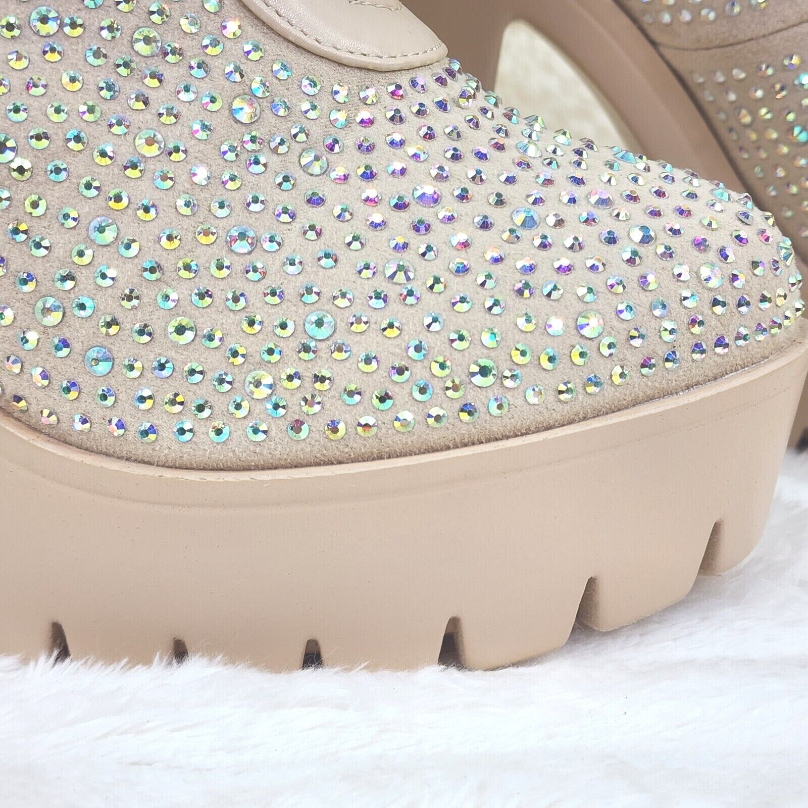 Barri Nude Beige Cream Rhinestone Chunky Heel Platform Ankle Boots - Totally Wicked Footwear