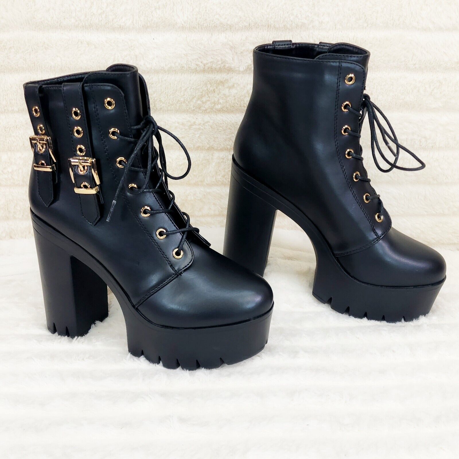 Linda Black Chunky Block Heel Lave Up Ankle Boots Brand New - Totally Wicked Footwear