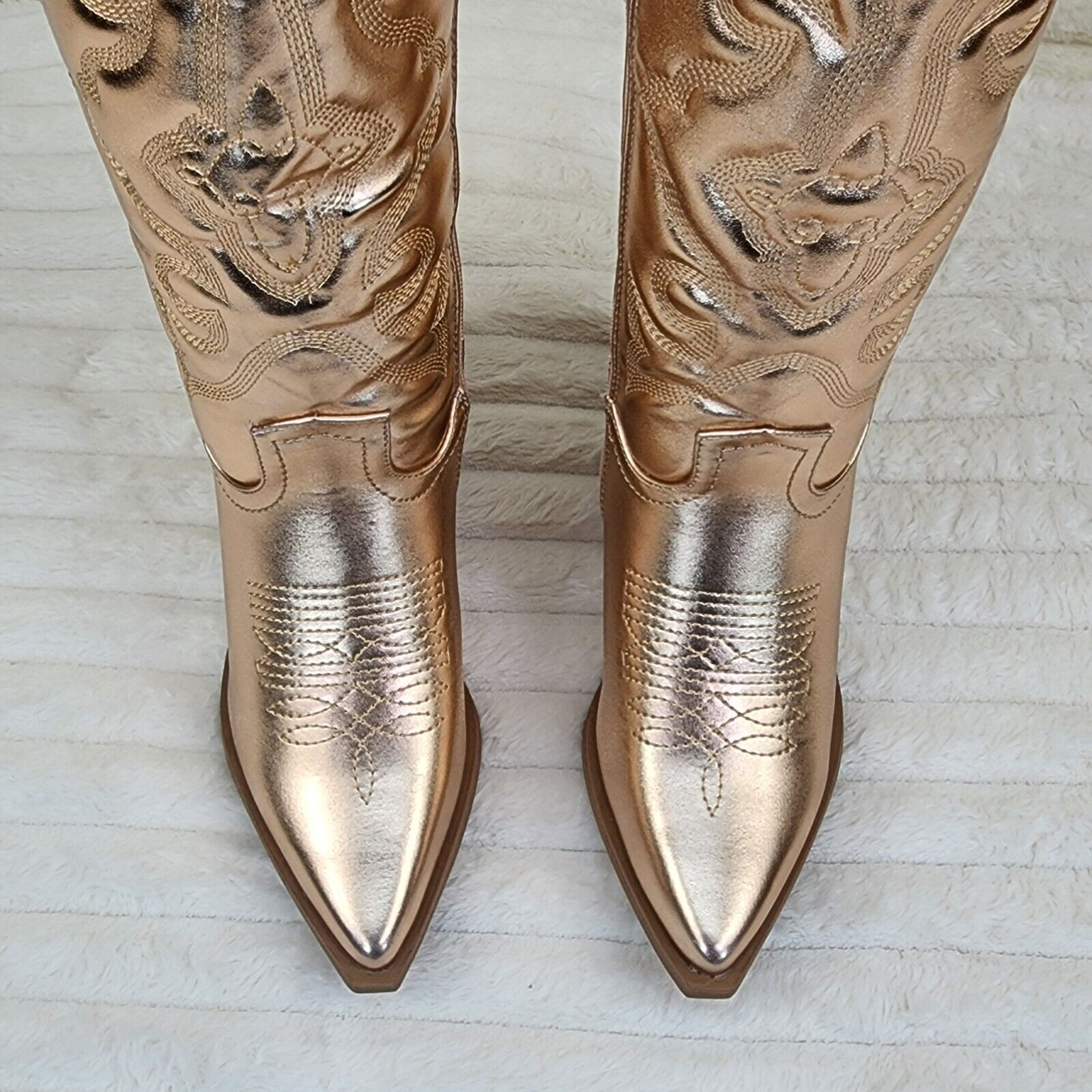 Disco Cowgirl Metallic Rose Gold Cowboy Knee Boots Western Block Heels US Sizes - Totally Wicked Footwear