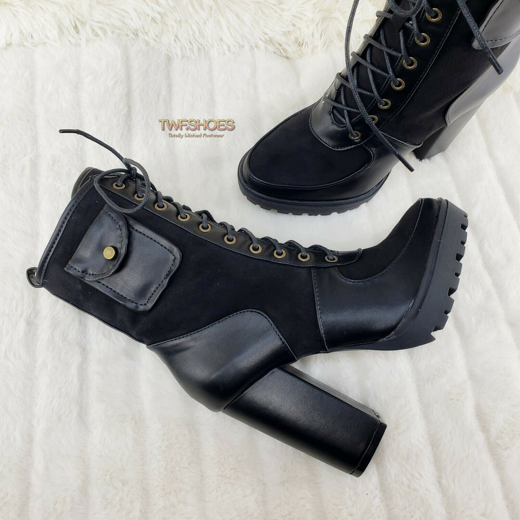 Fashion Ave Chunky Lug Sole Platform Ankle Boots Black False
