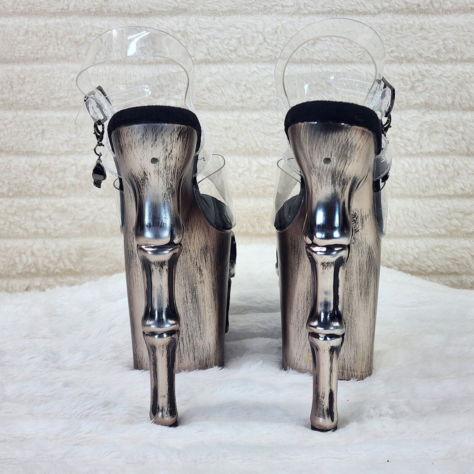Rapture Clear Pewter Skull & Bones LED 8" High Heel Platform Shoes 5-10 NY - Totally Wicked Footwear