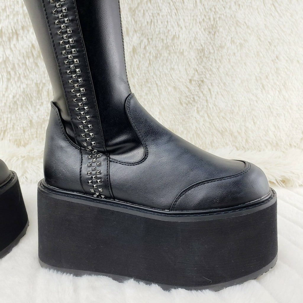 Damned Goth Punk Rock 3.5" Platform OTK Thigh Boots Stretch Black Matte NY - Totally Wicked Footwear