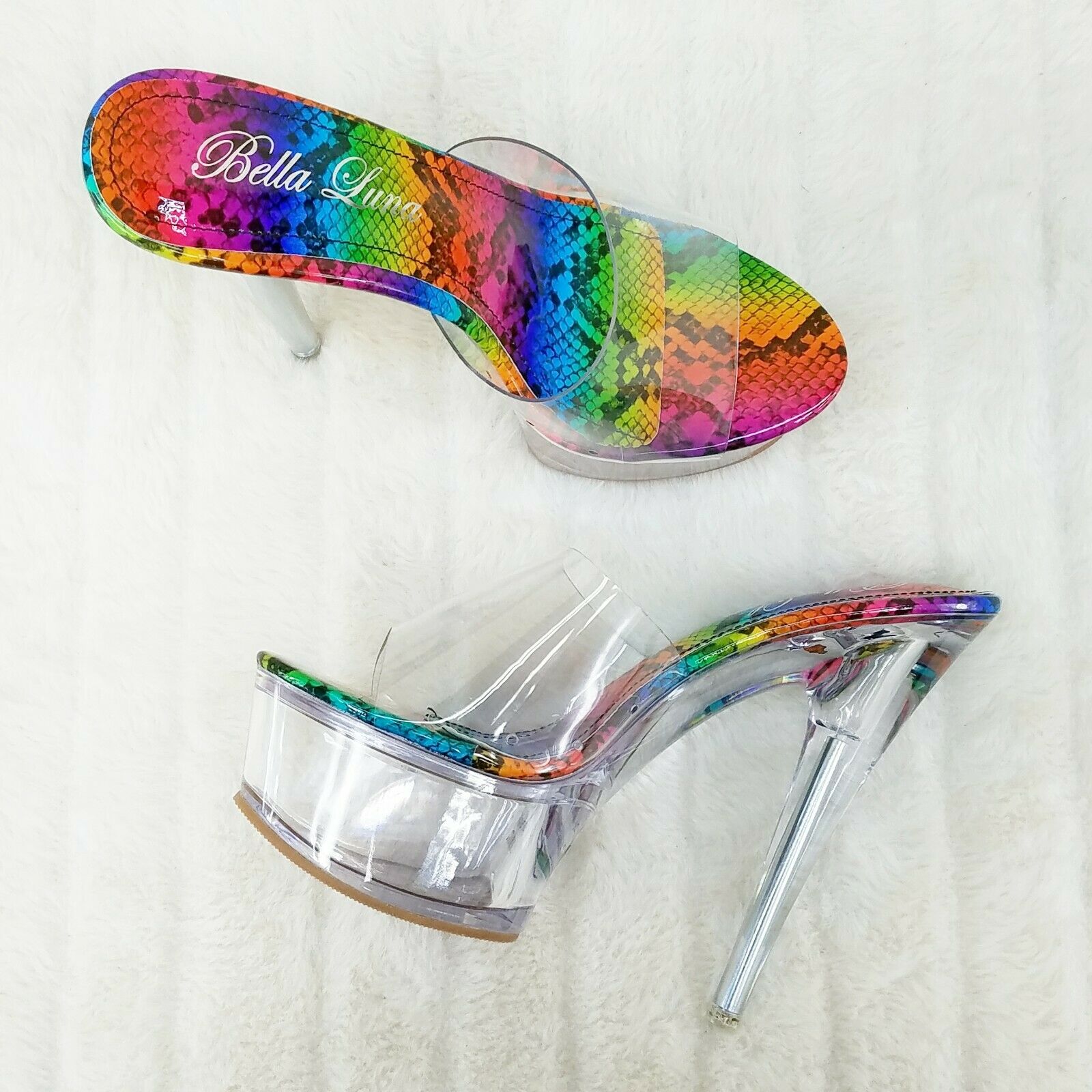 Cloud Clear Platform 6" High Heels Rainbow Snake Foot-bed Slip On Mule - Totally Wicked Footwear