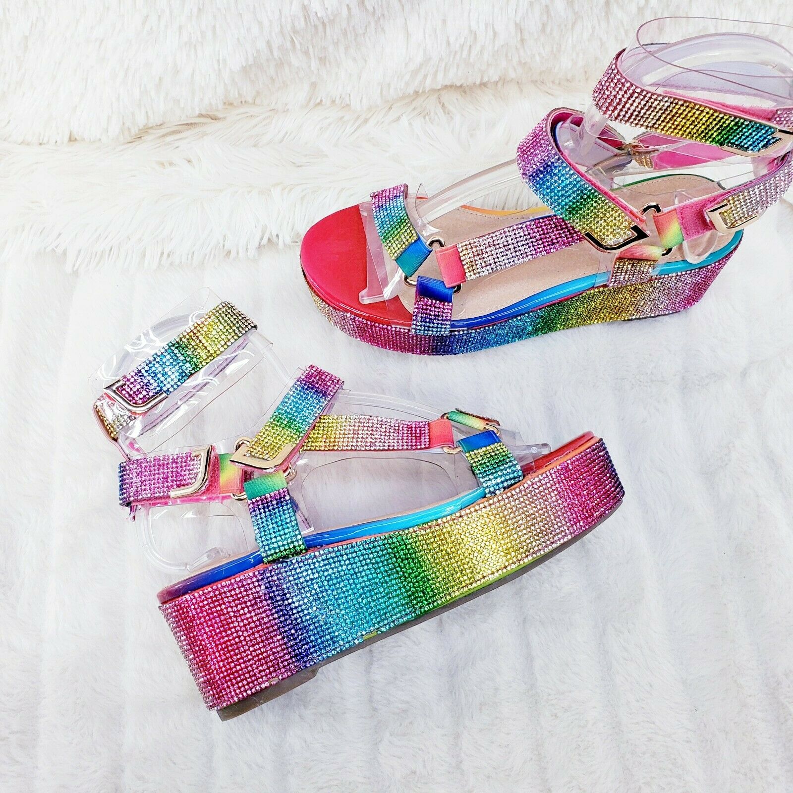 2" Flatform Harness Strap Rainbow Rhinestone Sandals Comfy New Shoes Restocked - Totally Wicked Footwear