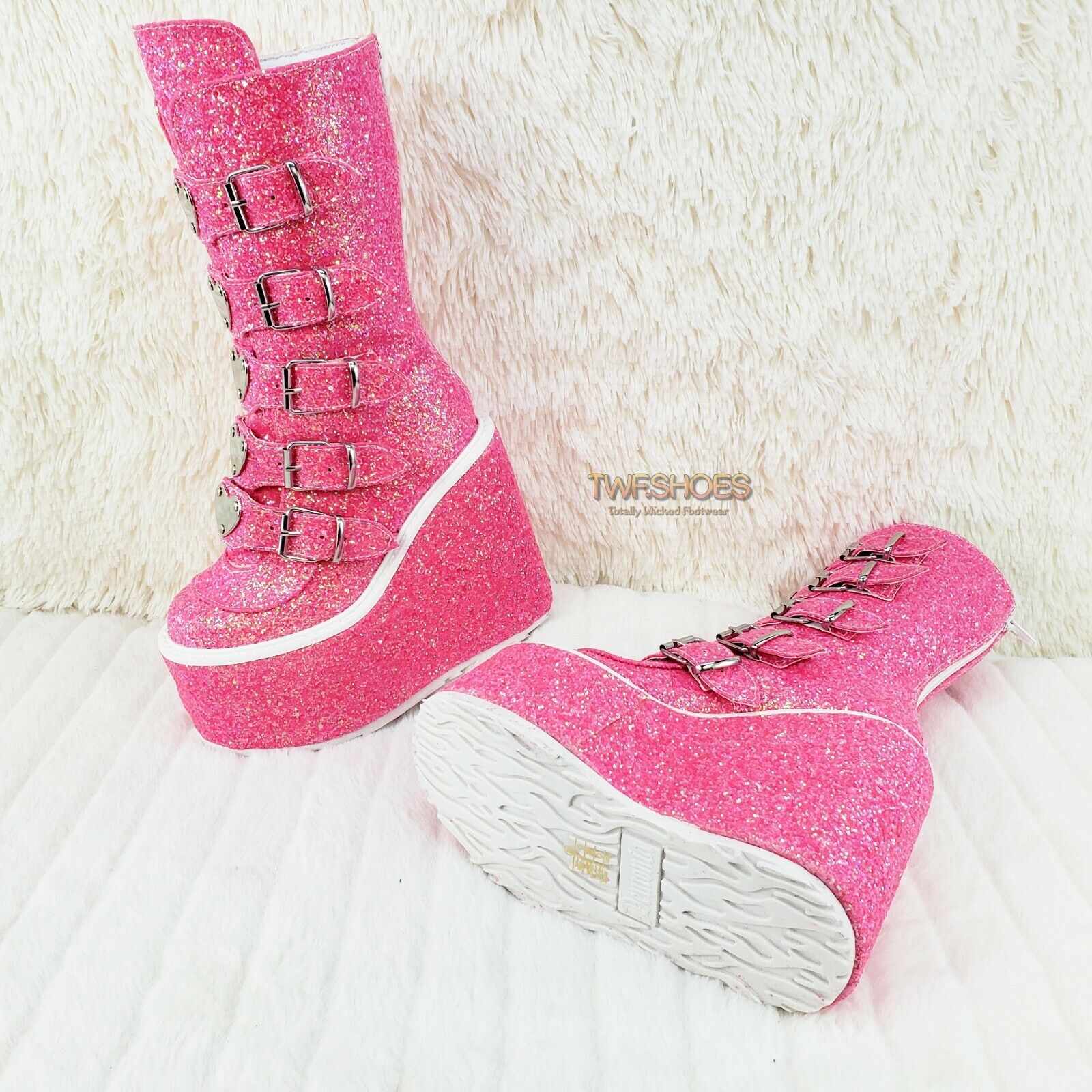 Swing 230G Pink Glitter Boot 5.5" Platform Heart Strap Goth Boots 6 -11  NY - Totally Wicked Footwear