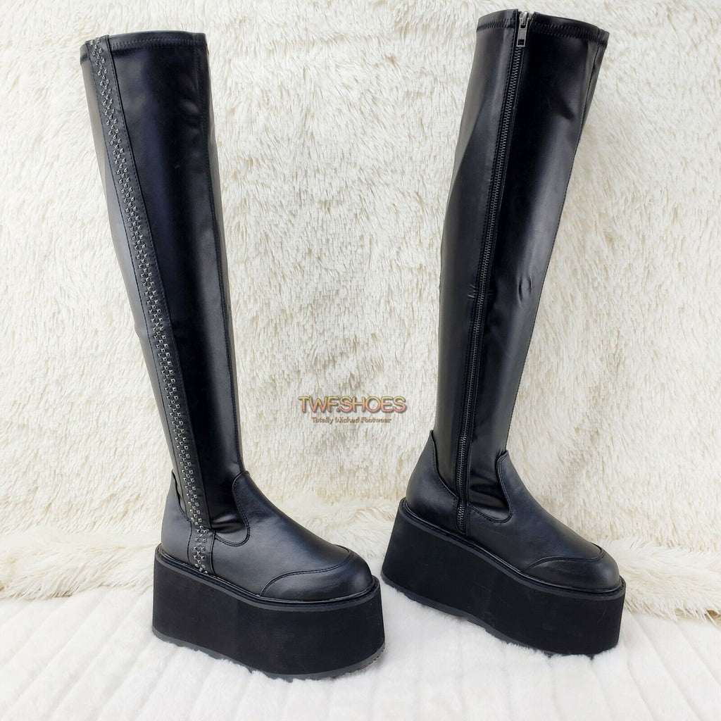 Damned Goth Punk Rock 3.5" Platform OTK Thigh Boots Stretch Black Matte NY - Totally Wicked Footwear
