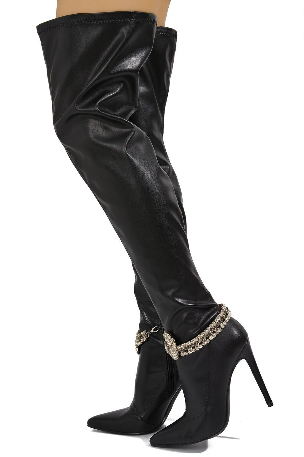 Lawless Black Stretch Leatherette Rhinestone Ankle Bracelet Thigh High Boots - Totally Wicked Footwear