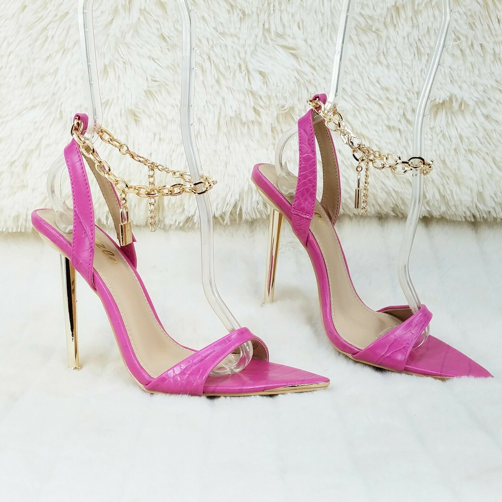 Nicely Pad Lock Chain Strap High Heels Metal Toe Tip Shoes Fuchsia Pink - Totally Wicked Footwear