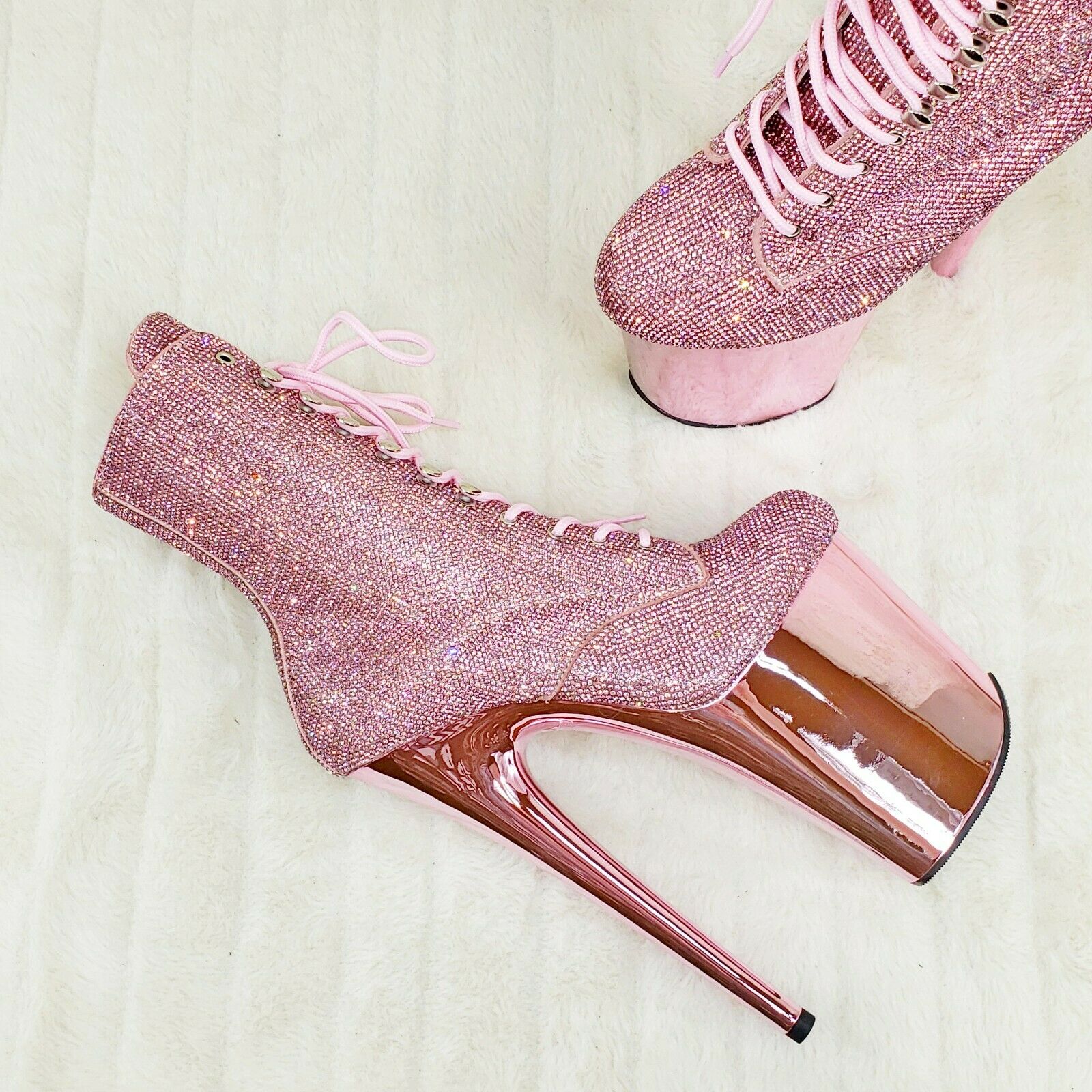 Baby Pink 1020CHRS Bejeweled Rhinestone 8" Heel Chrome Platform Ankle Boots NY - Totally Wicked Footwear