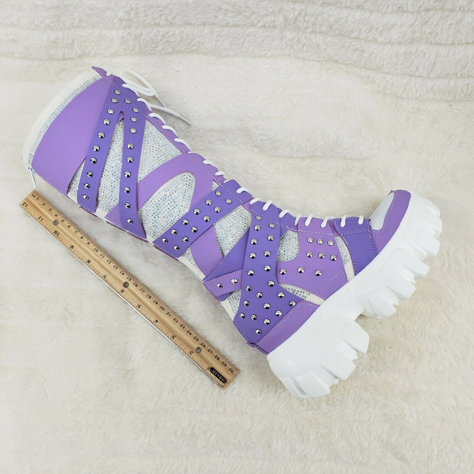 Wang Limited Lilac Purple White Platform Sneaker Knee Boots Hidden Wedge Heels - Totally Wicked Footwear