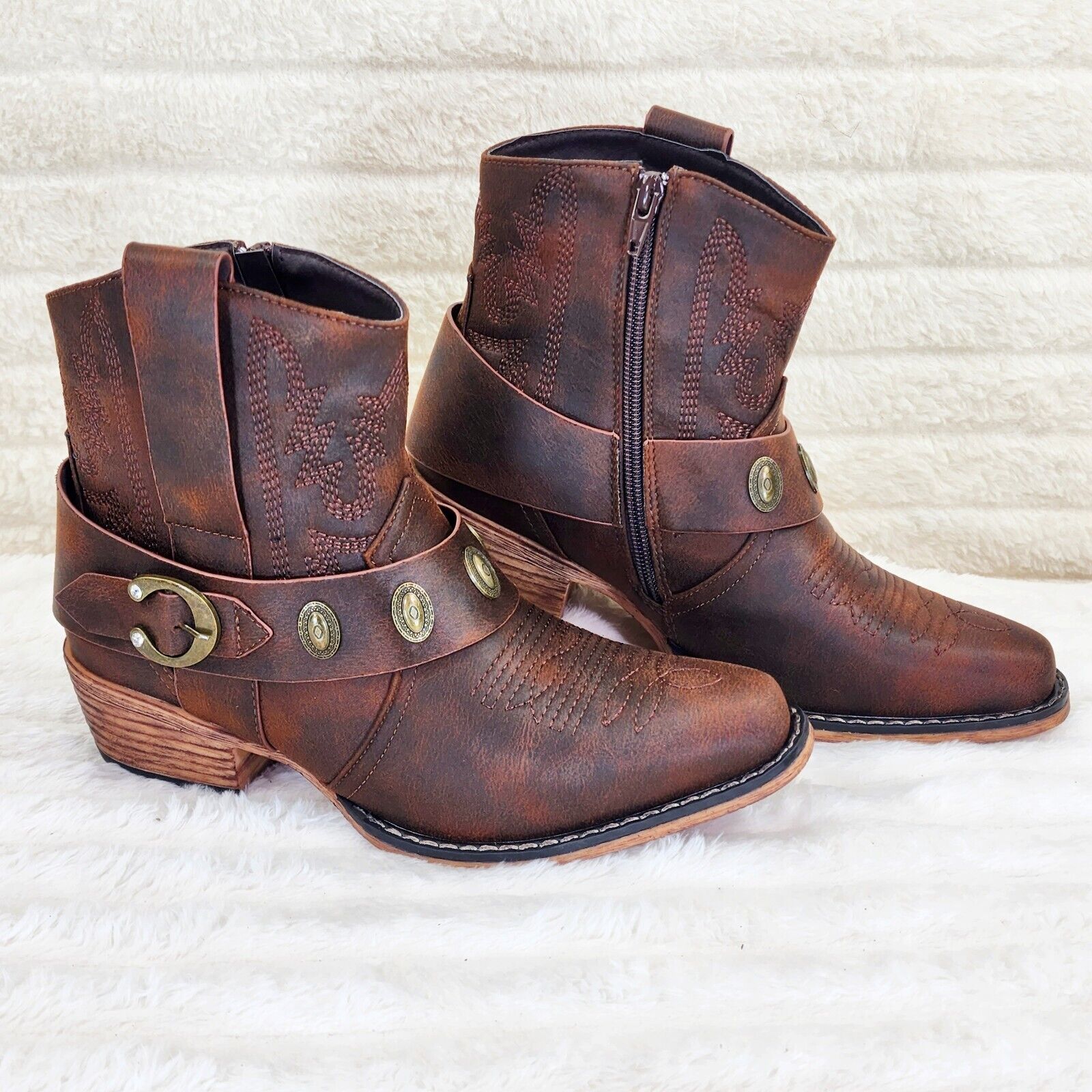 Wild West Brown Distressed Western Cowgirl Pull On Ankle Boots - Totally Wicked Footwear