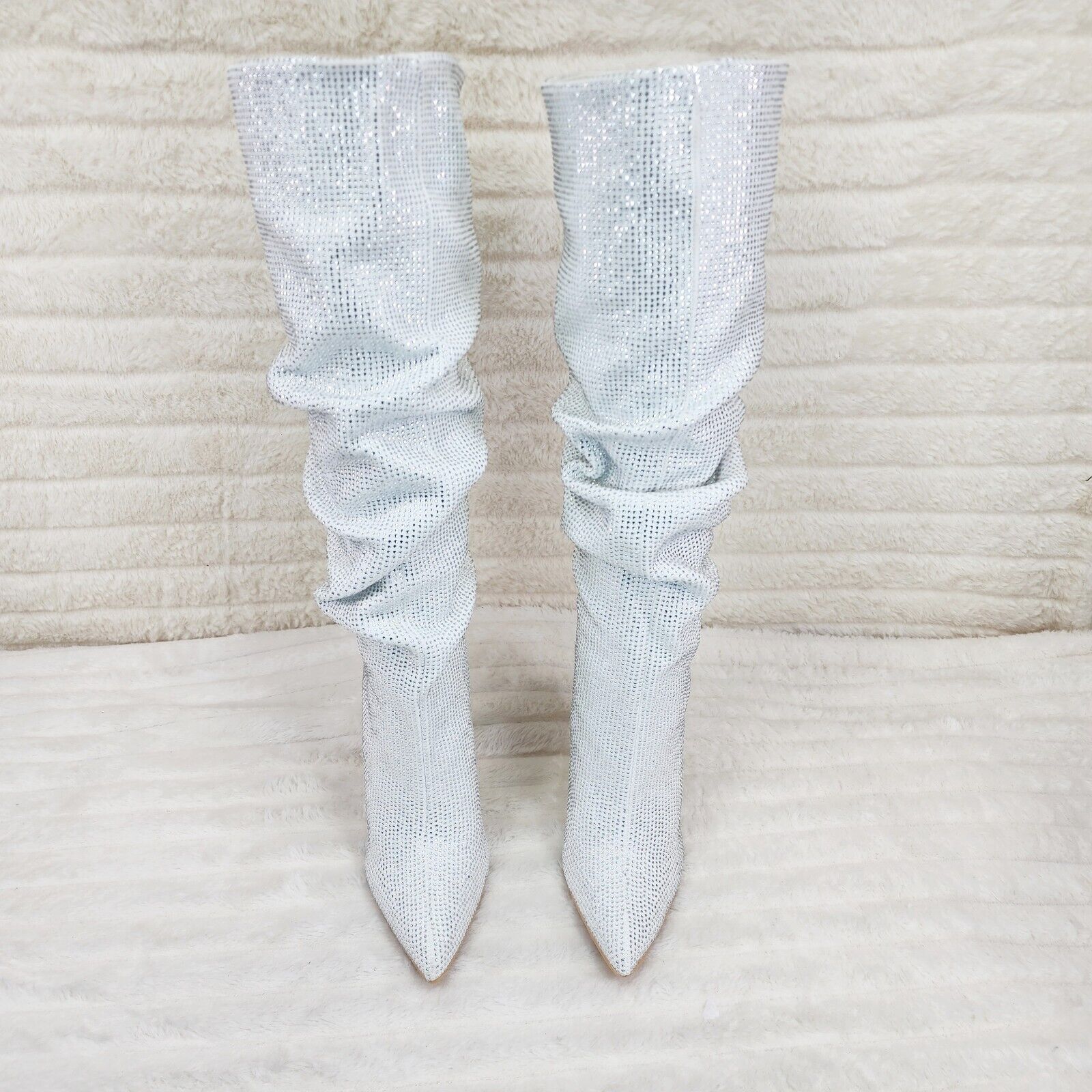 Radiant White Rhinestone High Heel Stiletto Slouch Knee High Boots - Totally Wicked Footwear