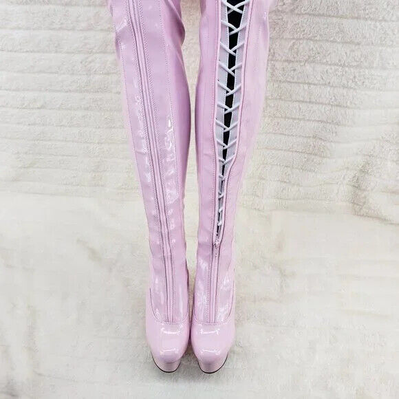 Baby Pink White Patent Platform Thigh High Heel Front Zipper Lace up Boots 3027 - Totally Wicked Footwear