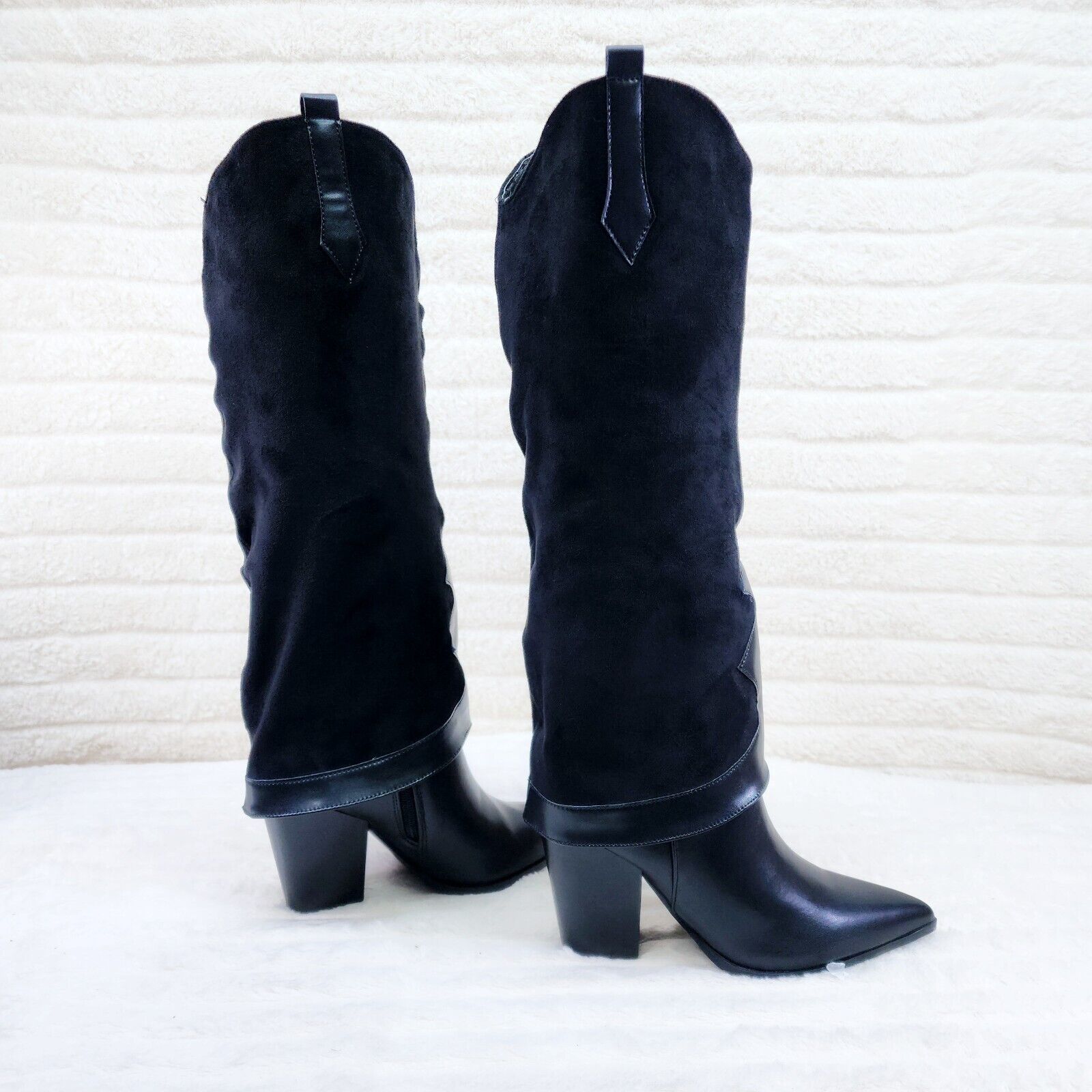 Branded Black Skirted Fold Over Western Knee High Cowgirl Boots - Totally Wicked Footwear