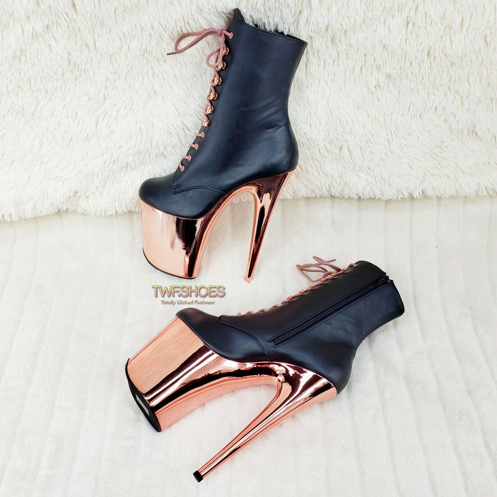 Flamingo 1020 Black Matte Rose Gold Platform 8" Heel Ankle Boots 10 & 12 NY - Totally Wicked Footwear