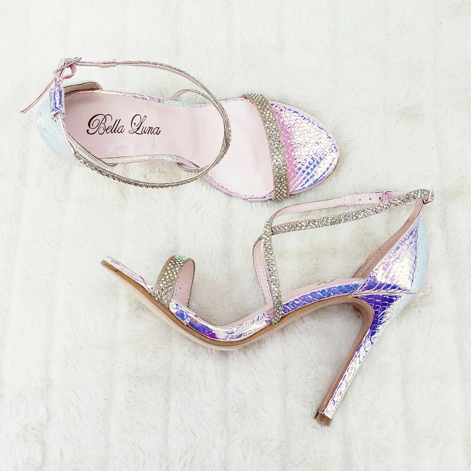 Lisa Pink Snake Hologram Cross Strap Jeweled 4" High Heel Sandals Shoes 6-10 - Totally Wicked Footwear
