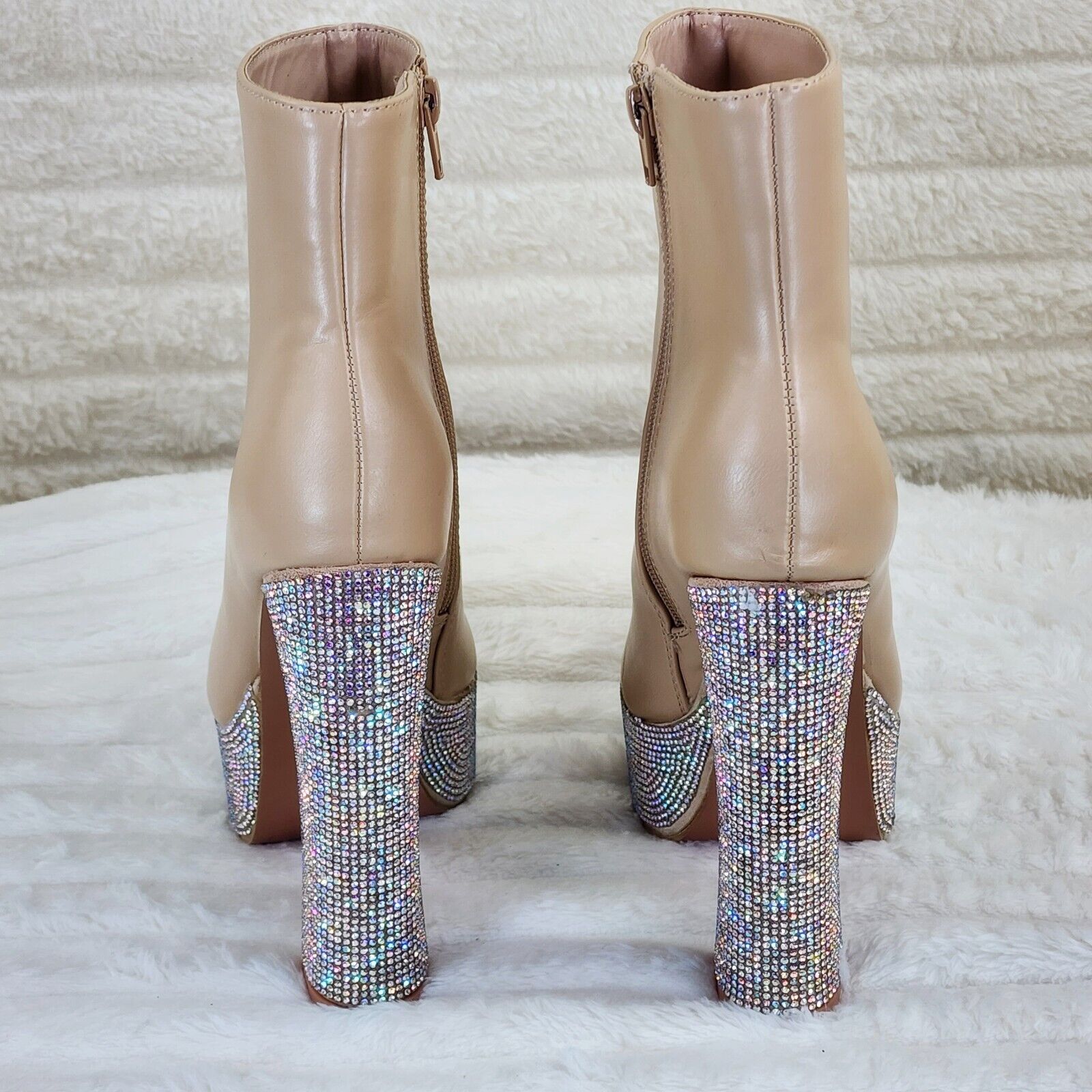 Nikki Cream Leatherette Rhinestone Platform Chunky Heel Ankle Boots - Totally Wicked Footwear