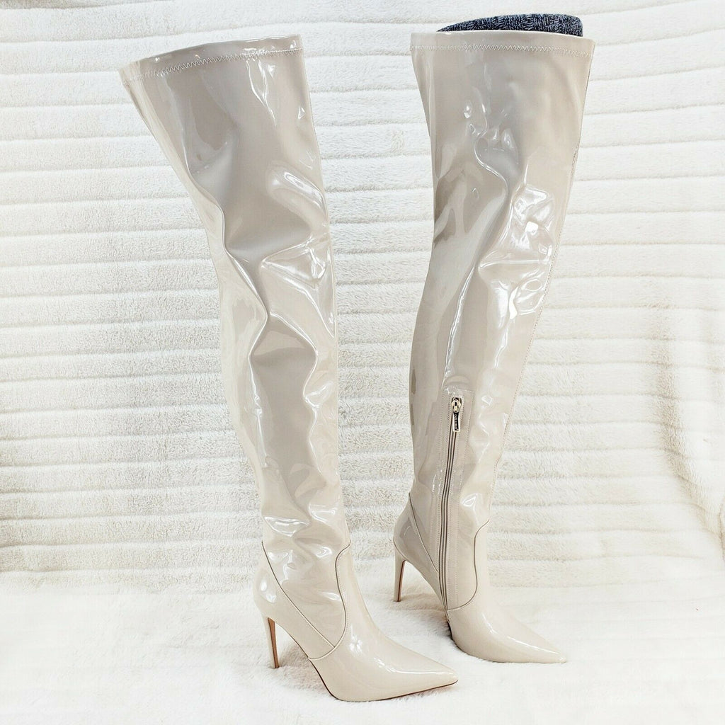 Bad Girlz Off White Patent Wide Top Thigh High Boots 4.5" Heels - Totally Wicked Footwear