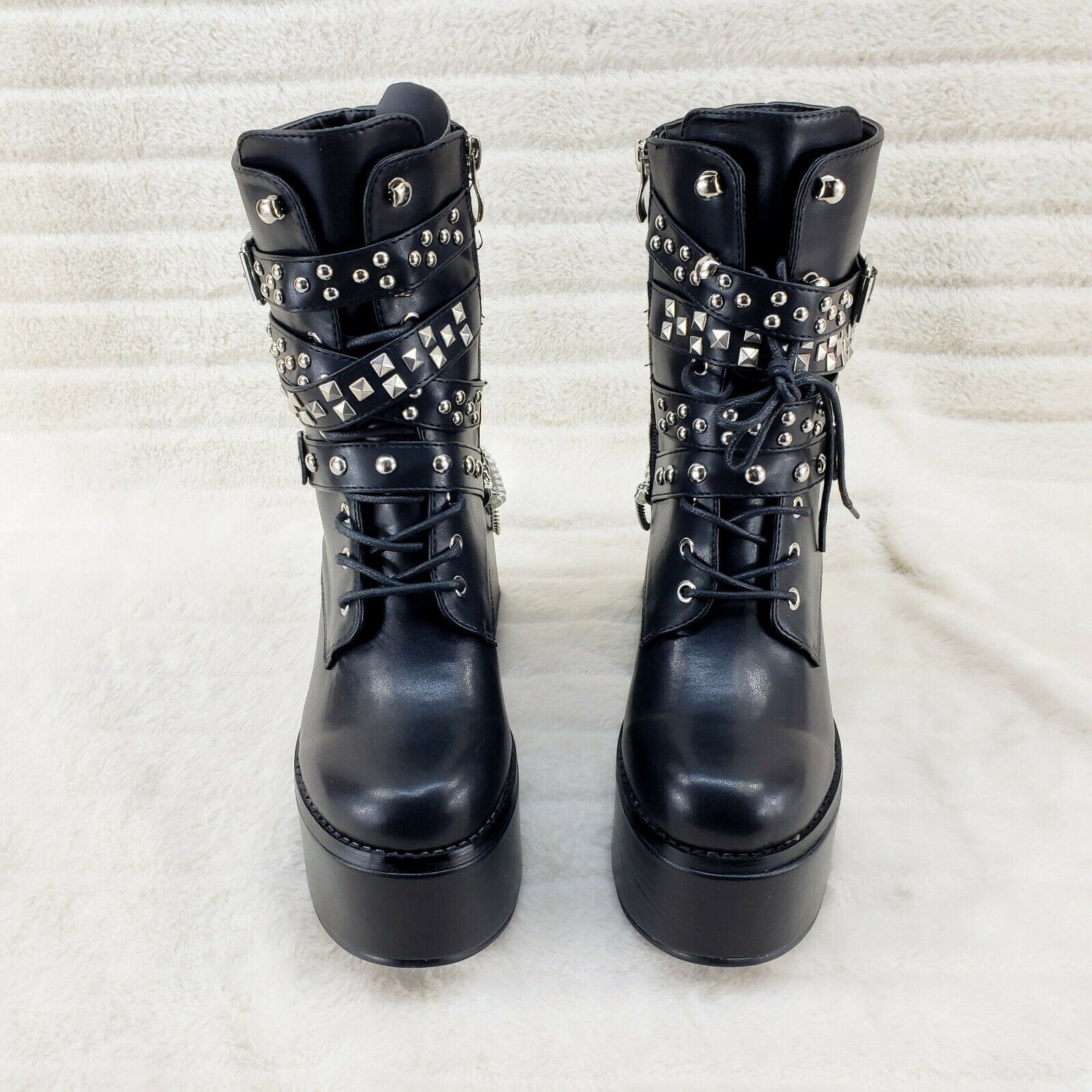 Ocho Black Ice Multipile Strap Platform Chunky Block Heel Ankle Boots - Totally Wicked Footwear
