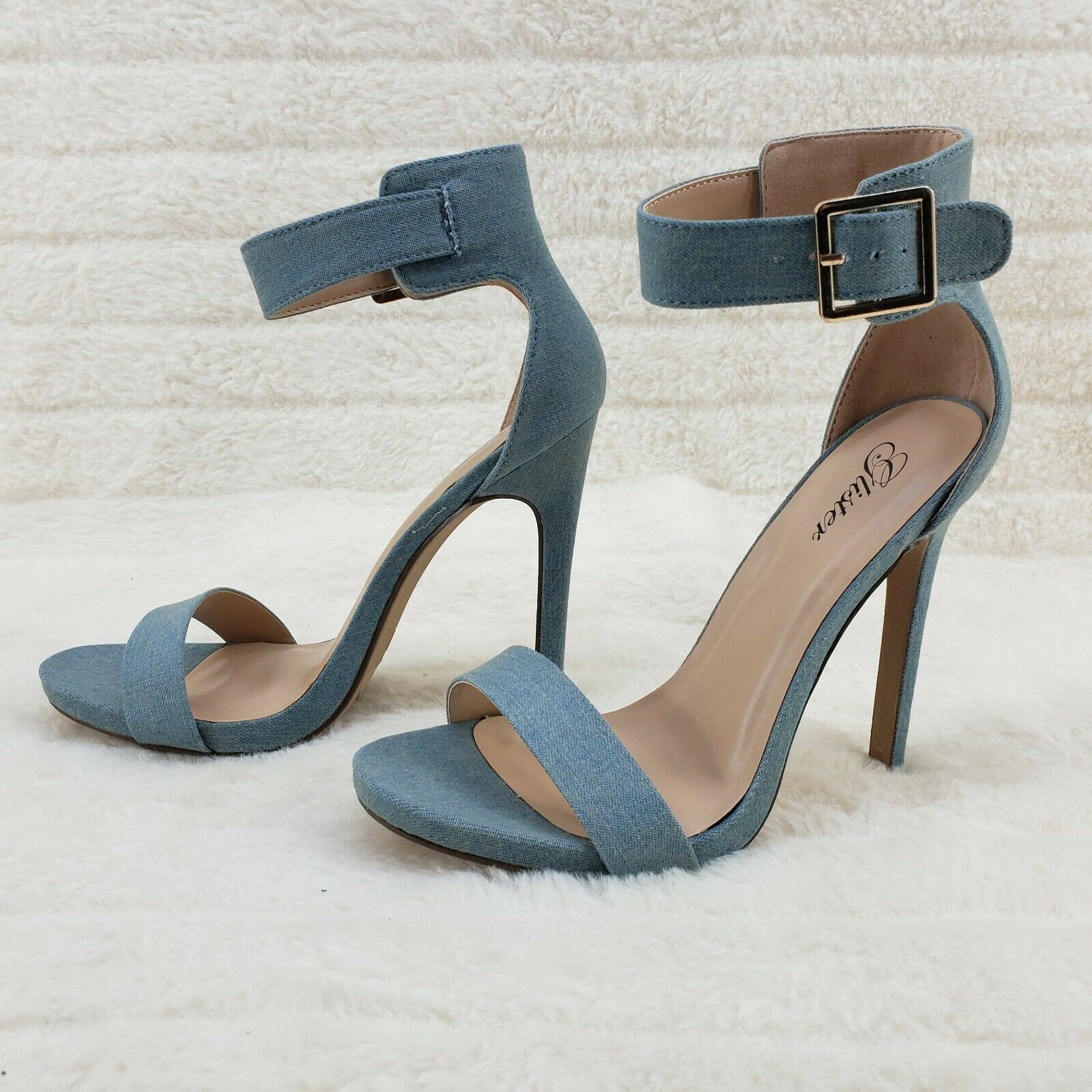 Sexy Light Blue Denim Ankle Strap 4.5" High Heel Shoes Heels Glister - Totally Wicked Footwear