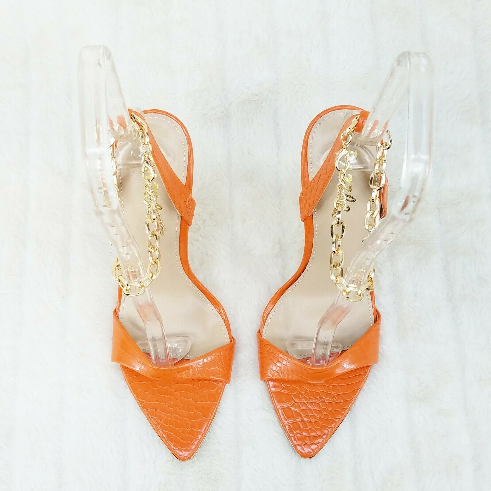Nicely Pad Lock Chain Strap High Heels Metal Toe Tip Shoes Orange - Totally Wicked Footwear