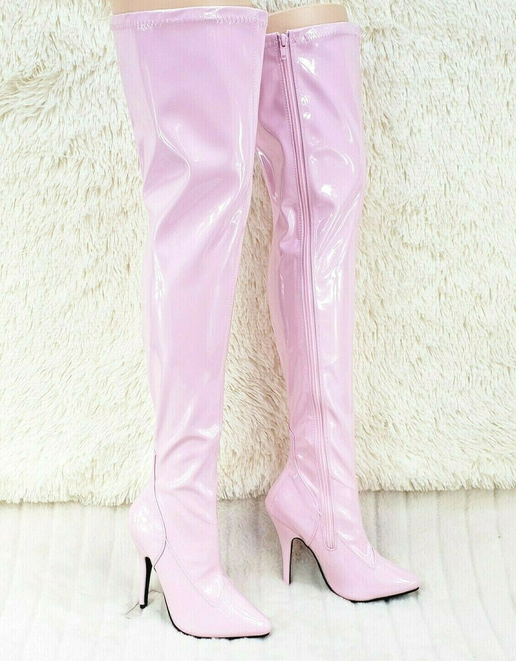Seduce 3000 Stretch Baby Pink Patent Thigh High Boots Stiletto High Heels NY - Totally Wicked Footwear