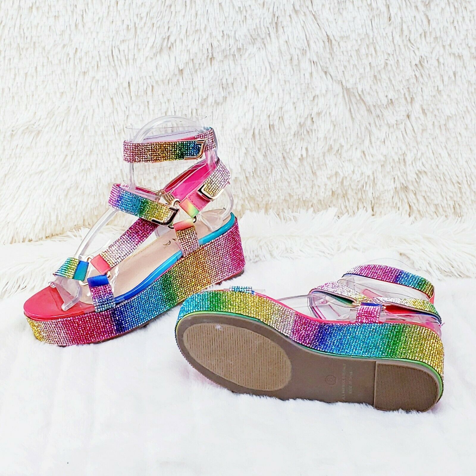2" Flatform Harness Strap Rainbow Rhinestone Sandals Comfy New Shoes Restocked - Totally Wicked Footwear