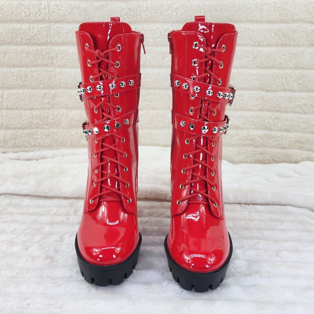 Bright Red Patent Lug Sole Studded Strap Ankle Boots Temptress - Totally Wicked Footwear