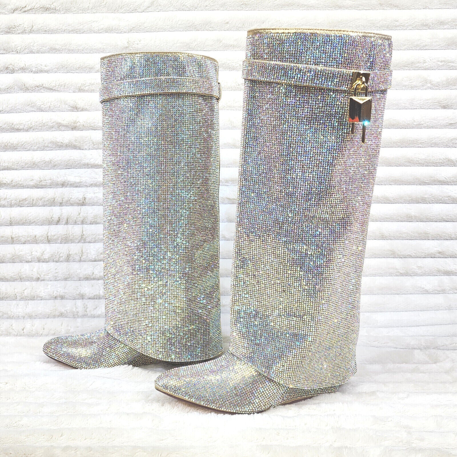 Super Sparkle Sharky Skirted Fold Over Wedge Heel Knee Boots - Totally Wicked Footwear