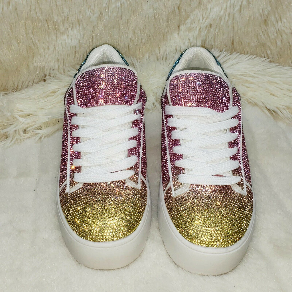 CR Diamond Queen Pastel Ombre Rhinestone Lace Up Platform Bling Sneakers - Totally Wicked Footwear