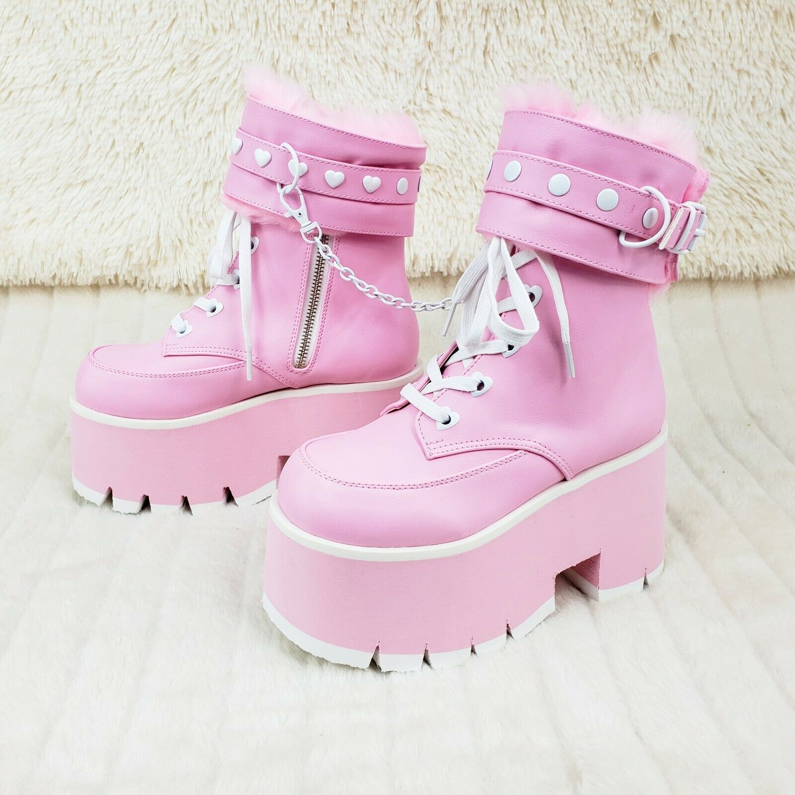 Ashes 57 Pink Heart Studs 3.5" Platform Goth Boots Fur Lined Cuffs & Chain NY - Totally Wicked Footwear