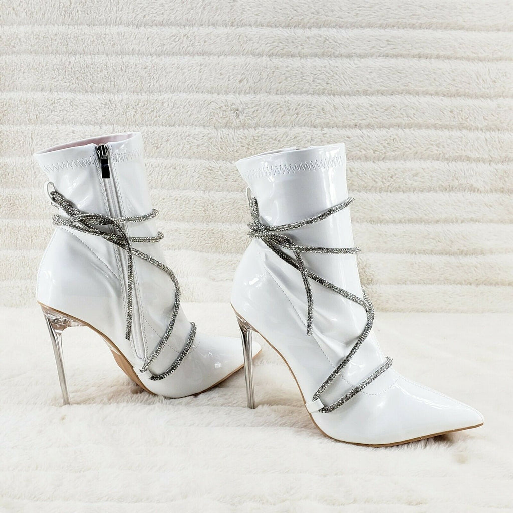 Destiny White Stretch Patent Cable Rhinestone Strap High Heel Ankle Boots - Totally Wicked Footwear