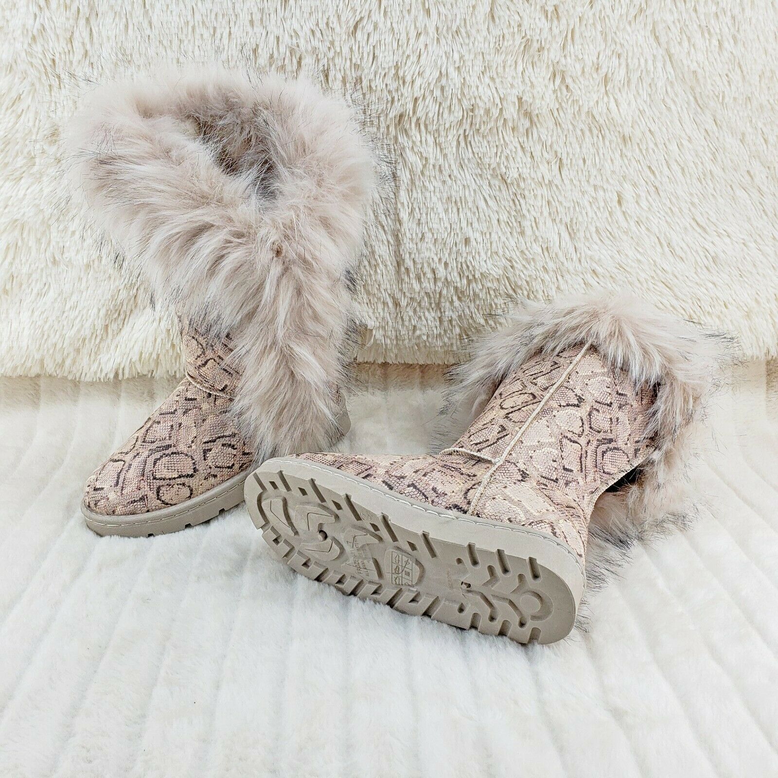 Chi Chi Tall Furry Snake Beige Faux Fur Lined Flat Winter Boots US Women's - Totally Wicked Footwear